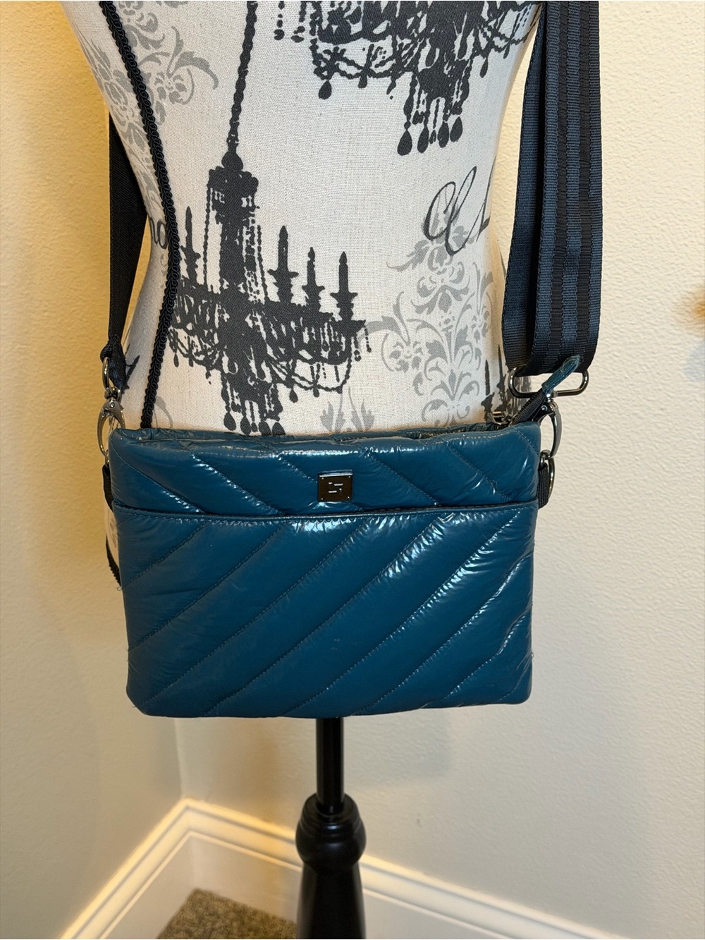 Like New Think Rolyn Diagonal Bum Bag, Shiny Teal Quilted Crossbody Bag - Women
